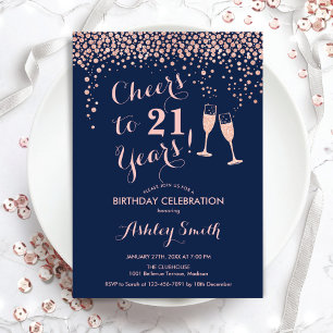 Invitation 21e Anniversaire Salue À 21 Ans Rose Gold Navy