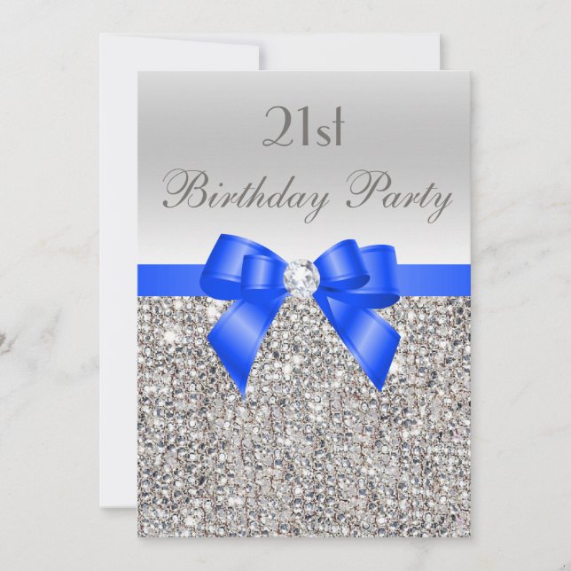 Invitation 21e anniversaire Séquin d'argent Royal Blue Bow Di (Devant)