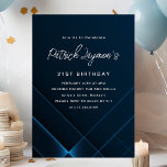 Invitation 21e anniversaire Simple moderne bleu foncé géométr<br><div class="desc">Moderne et minimaliste Dark Blue 21st Birthday Invitation avec un motif géométrique néon sophistiqué. Le texte blanc clair sur l'arrière - plan bleu foncé est vraiment pop.</div>