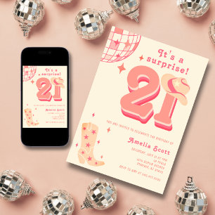 Invitation 21e Anniversaire Surprise Retro Disco Cowgirl Pink