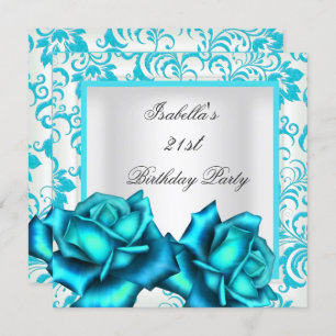 Invitation 21e anniversaire Turquoise Bleu Floral Rose Blanc