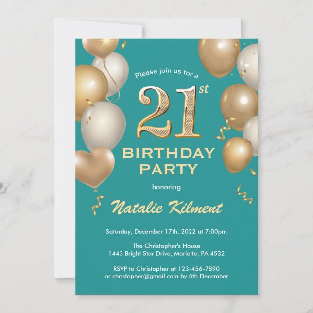 Invitation 21e anniversaire Turquoise et or Parties scintilla (Devant)