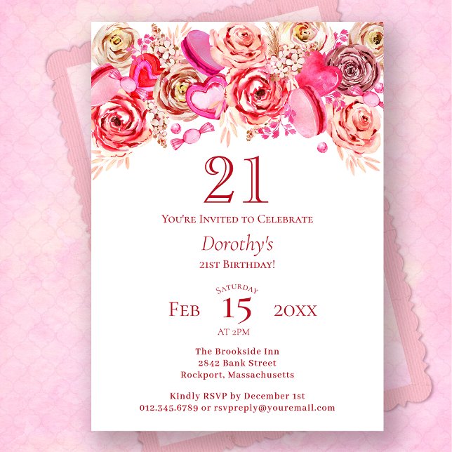 Invitation 21e anniversaire Valentine Rose Rose Coeur Tourbil (Créateur téléchargé)