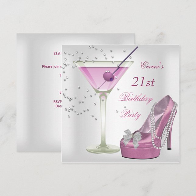 Invitation 21e Anniversaire White Pink Martini Chaussures (Devant / Derrière)