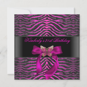 Invitation 21e anniversaire Zebra Black Silver Pink Butterfly
