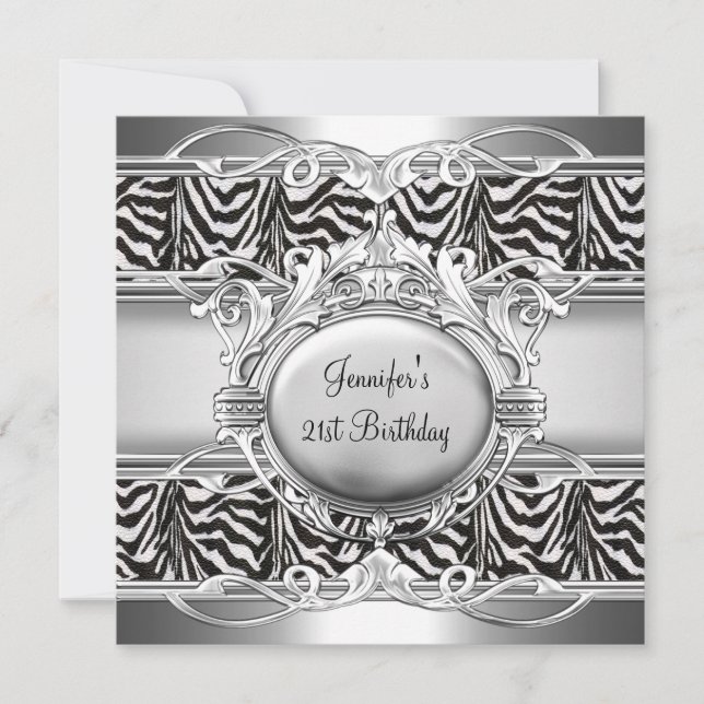 Invitation 21e anniversaire Zebra Black White Silver Plaque (Devant)