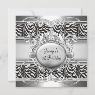 Invitation 21e anniversaire Zebra Black White Silver Plaque