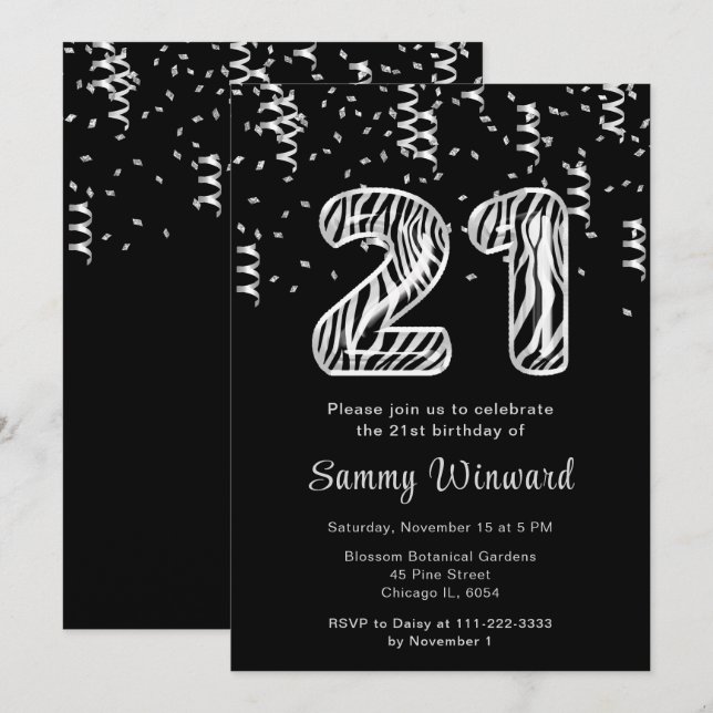 Invitation 21e anniversaire Zebra Imprimer Ballons avec Confe (Devant / Derrière)
