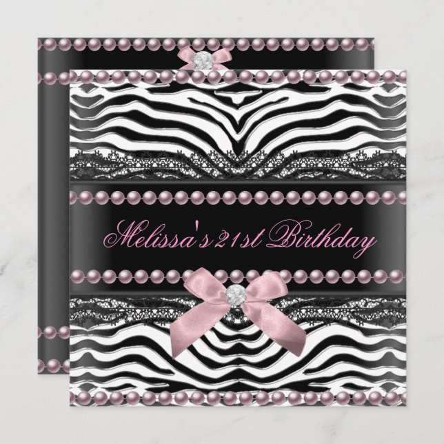 Invitation 21e Anniversaire Zebra Pink Blanc Black Lace Pearl (Devant / Derrière)