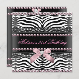 Invitation 21e Anniversaire Zebra Pink Blanc Black Lace Pearl