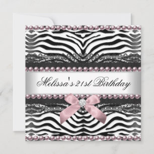 Invitation 21e Anniversaire Zebra Rose Blanc noir dentelle