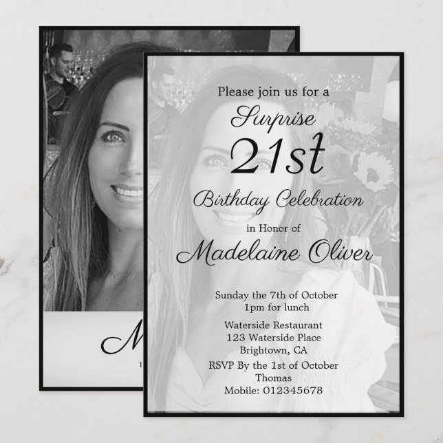 Invitation 21e Classy Monogram noir blanc photo Anniversaire (Devant / Derrière)