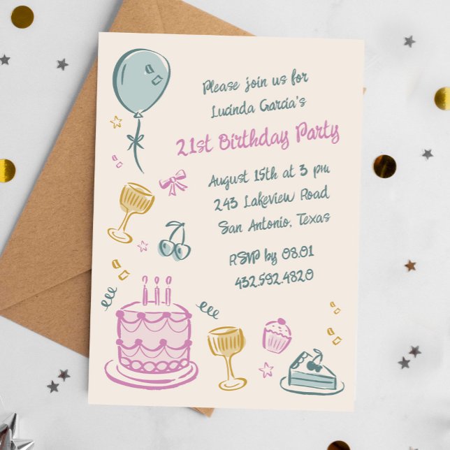 Invitation 21e Fête d'anniversaire avec Doodle Whimsical (Colourful 21st birthday party invitation in scribble style)