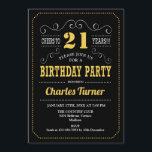 Invitation 21e fête d'anniversaire - Black Gold White<br><div class="desc">Invitation de fête du 21e anniversaire. Design élégant noir,  or,  blanc rétro avec motif de tableau noir et police de script. Salut à 21 ans ! Message-moi si vous avez besoin d'une personnalisation plus poussée.</div>