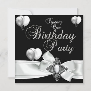 Invitation 21e fête d'anniversaire Black White Silver Ballons