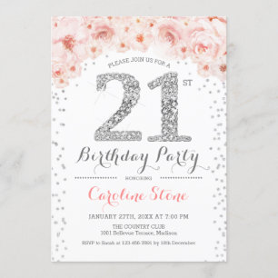 Invitation 21e fête d'anniversaire - Blanc Argent rose