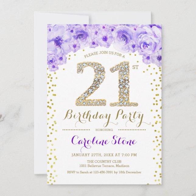 Invitation 21e fête d'anniversaire - Blanc Gold violet (Devant)