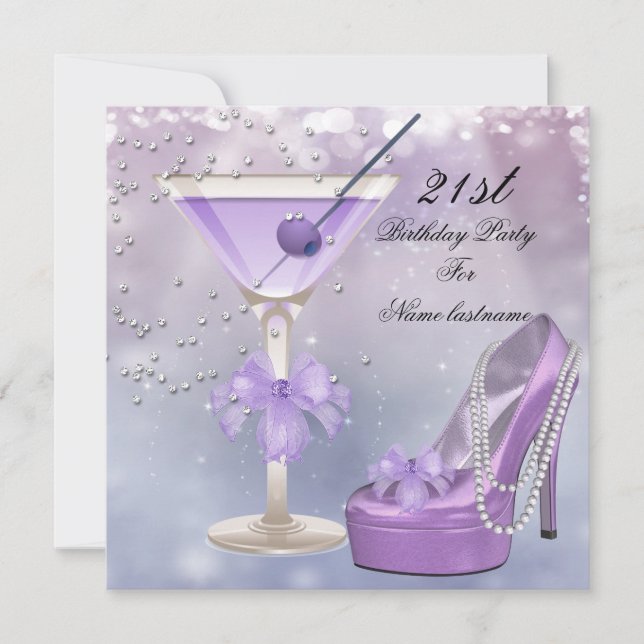 Invitation 21e fête d'anniversaire blanc Lilac Martini violet (Devant)
