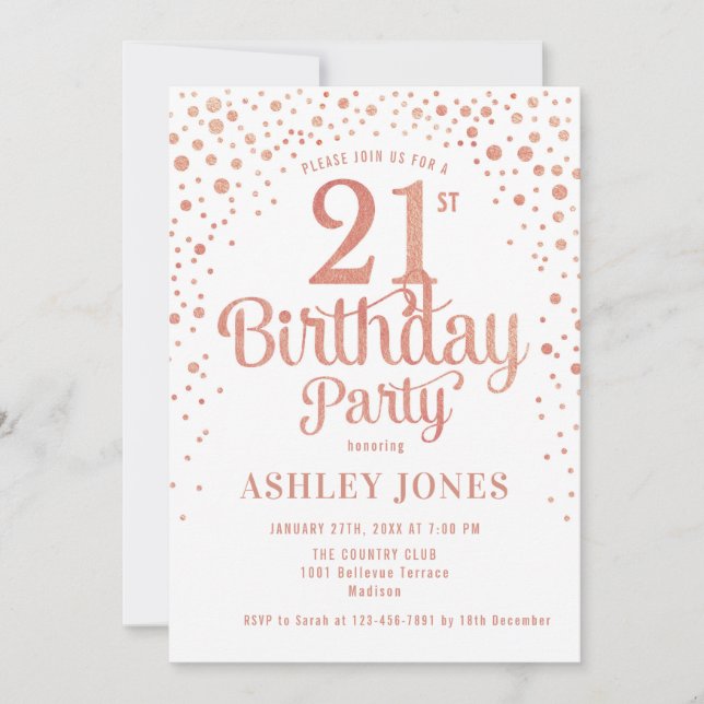 Invitation 21e fête d'anniversaire - Blanc & Rose Gold (Devant)