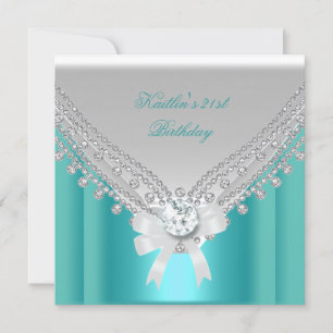 Invitation 21e fête d'anniversaire Blanc Turquoise Diamant bl