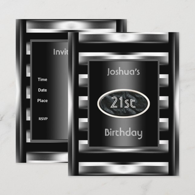Invitation 21e fête d'anniversaire Elegant Black Metal Men 3 (Devant / Derrière)