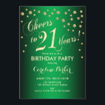 Invitation 21e fête d'anniversaire - Gold Green<br><div class="desc">21st Birthday Party Invitation Design élégant avec fausse parties scintillant or et violet. Comprend des polices de caractères et des confettis stylisés. Salutations à 21 ans !</div>