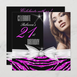 Invitation 21e fête d'anniversaire Hot Pink 21 Zebra Photo 3