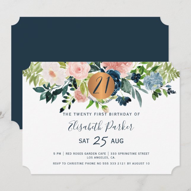 Invitation 21e fête d'anniversaire moderne de la marine flora (Devant / Derrière)