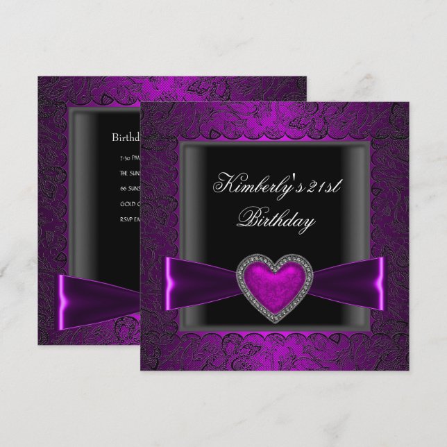 Invitation 21e fête d'anniversaire Noir Argent Purple Coeur G (Devant / Derrière)