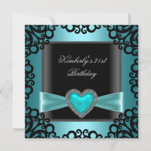 Invitation 21e fête d'anniversaire Noir Argent Turquoise Coeu