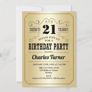 Invitation 21e fête d'anniversaire - Retro Gold Black