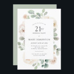 Invitation 21e fête d'anniversaire Rose blanche Floral<br><div class="desc">Honorer une femme spéciale avec cette élégante invitation de fête du 21e anniversaire. Des roses blanches nichées dans une sauge molle,  des feuilles d'eucalyptus verts forment un cadre botanique moderne. Tout le texte peut être édité,  vous pouvez ainsi décrire votre célébration spéciale parfaitement</div>
