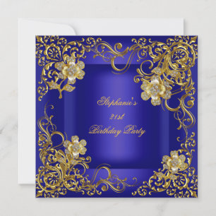 Invitation 21e fête d'anniversaire Royal Blue Gold Flower