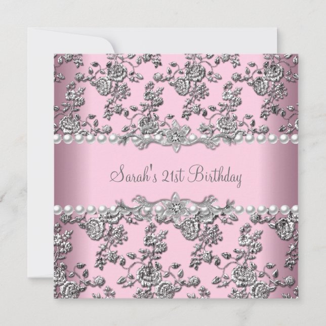 Invitation 21e fête d'anniversaire White Pearl Pink Lace Arge (Devant)