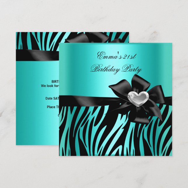 Invitation 21e fête d'anniversaire Zebra Argent Turquoise Ble (Devant / Derrière)