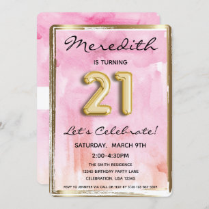 Invitation 21e Fille Anniversaire rose et or