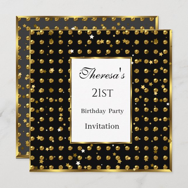 Invitation 21e Gold Pois Gold Stars Black Birthday (Devant / Derrière)
