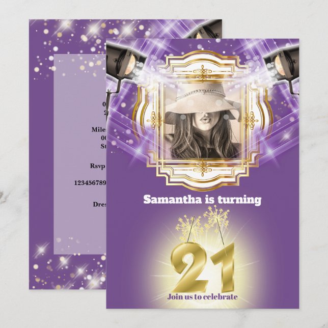 Invitation 21e Hollywood VIP photo lumières violettes star de (Devant / Derrière)