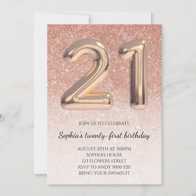 Invitation 21e Parties scintillant d'or Rose d'anniversaire d (Devant)