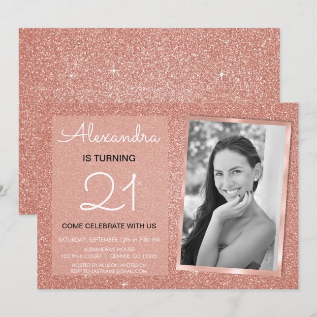 Invitation 21e Sparkle Rose Gold Blush Pink Photo (Devant / Derrière)