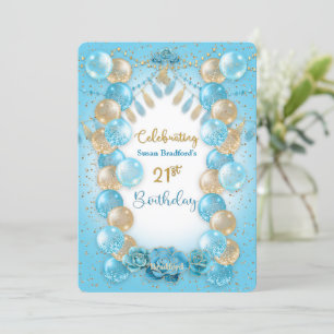 Invitation 21ème Anniversaire Pour Dames Blue Gold Balloons D