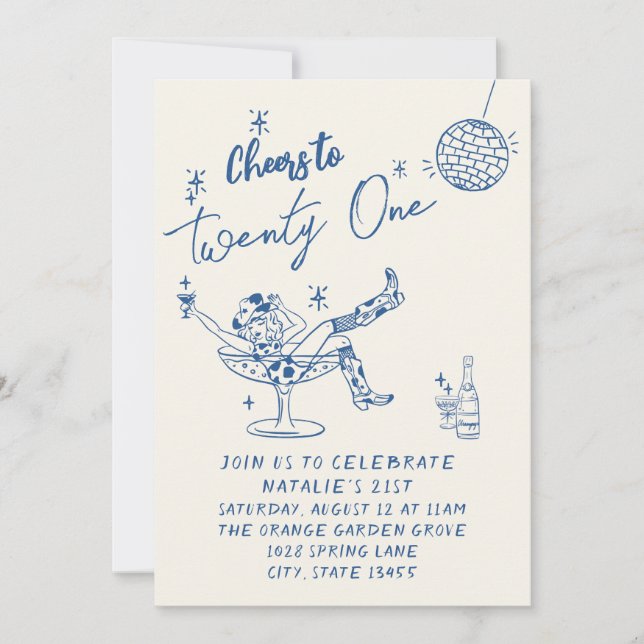 Invitation 21ème Blue Drawn Cowgirl Coastal Photo Fun Anniver (Devant)