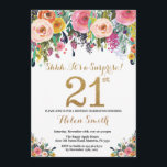 Invitation 21ème or d'invitation d'anniversaire de surprise<br><div class="desc">21ème invitation d'anniversaire de surprise florale pour des femmes. Fleur florale d'aquarelle. Parties scintillantes d'or. Fleur rose,  jaune,  orange,  pourpre. Anniversaire adulte. Pour davantage de personnalisation,  cliquez sur svp la "personnaliser il" bouton et utilisez notre outil de conception pour modifier ce modèle.</div>