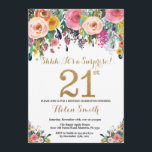 Invitation 21ème or d'invitation d'anniversaire de surprise<br><div class="desc">21ème invitation d'anniversaire de surprise florale pour des femmes. Fleur florale d'aquarelle. Parties scintillantes d'or. Fleur rose,  jaune,  orange,  pourpre. Anniversaire adulte. Pour davantage de personnalisation,  cliquez sur svp la "personnaliser il" bouton et utilisez notre outil de conception pour modifier ce modèle.</div>