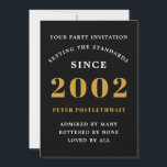 Invitation 21st Birthday 2002 Black Gold Ajouter Nom Année<br><div class="desc">Pour ceux qui fêtent leur anniversaire, nous avons la carte d'invitation idéale pour la fête d'anniversaire. L'élégant arrière - plan au design doré est simple et chic. Customisez facilement le texte à l'avant et à l'arrière de cette carte d'invitation d'anniversaire en utilisant le modèle fourni. Une partie de la gamme...</div>