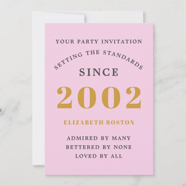 Invitation 21st Birthday 2002 Pink Grey Ajouter le nom Année (Devant)