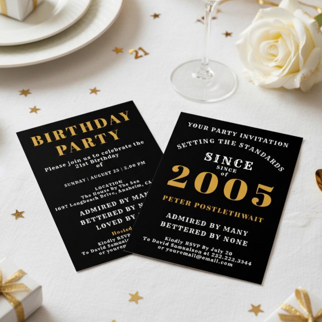 Invitation 21st Birthday 2005 Black Gold Personalized For Him (2005 birthday invite. White background.)