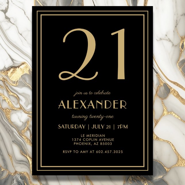 Invitation 21st Birthday Black and Gold Modern Minimal Adult (Elegant black and gold 21st birthday invitation design for him or her.)