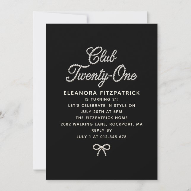 Invitation 21st Birthday Black White Pearl Script Bow (Devant)