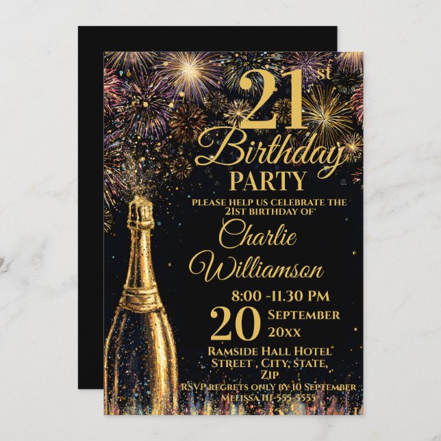 Invitation 21st Birthday Bubbly Fireworks Gold  (Devant / Derrière)